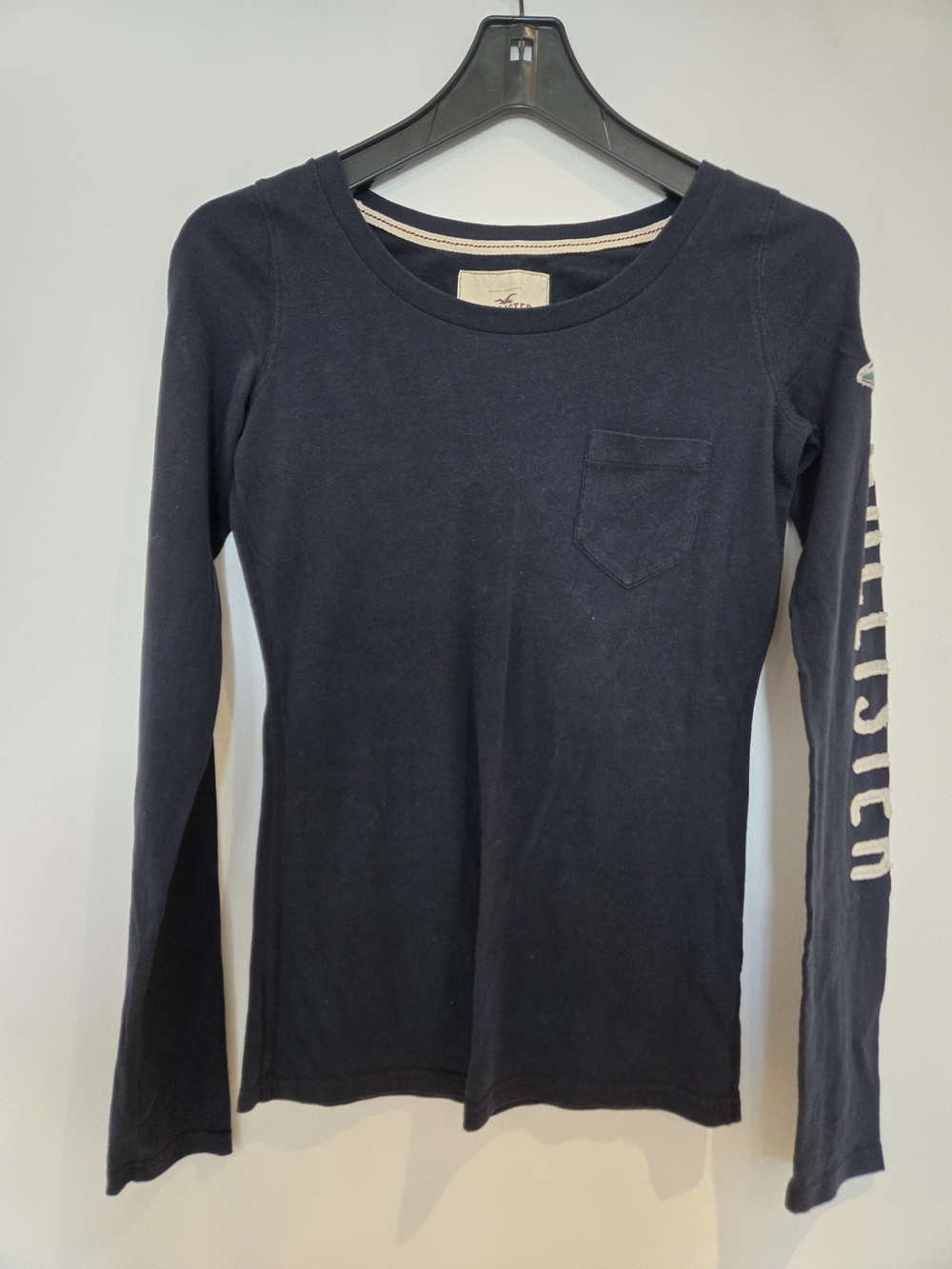 Hollister Girls' Dark Navy Long Sleeve Pocket Tee with Sleeve Logo